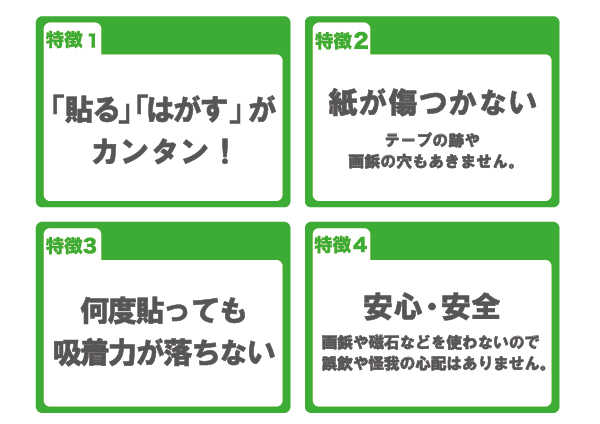 特徴1：「貼る」「はがす」がカンタン！　特徴2：紙が傷つかない テープの跡や画鋲の穴もあきません。　特徴3：何度貼っても吸着力が落ちない　特徴4：安心・安全　画鋲や磁石などを使わないので、誤飲や怪我の心配はありません。