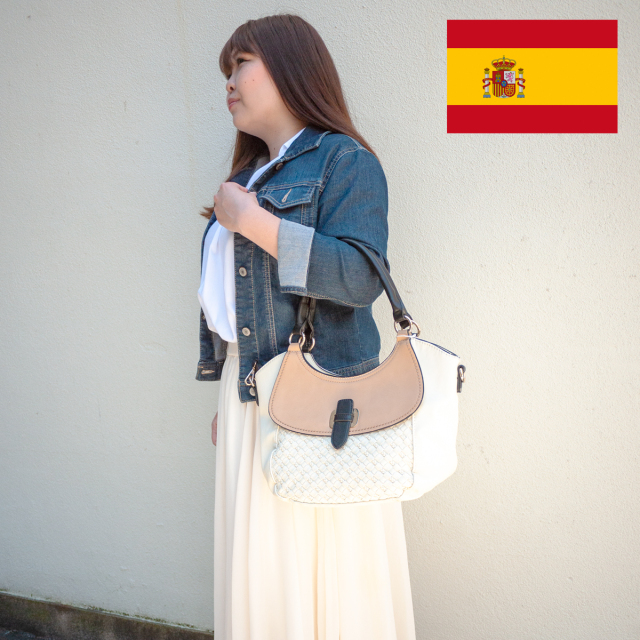 スペイン直送/網込風型押し2wayバッグ(アイボリー)