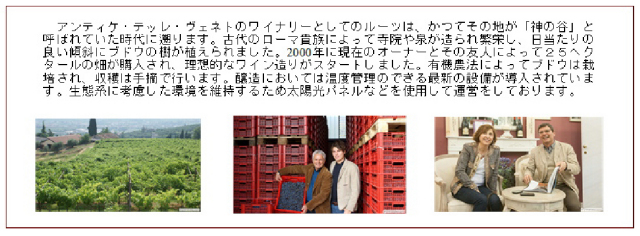 アンティケ・テッレ・ヴェネストのワイナリーとしてのルーツは、かつてその地が「神の谷」と呼ばれていた時代に遡ります。古代のローマ貴族によって寺院や泉が造られ繁栄し、日当たりの良い傾斜にブドウの樹が植えられました。2000年に現在のオーナーとその友人によって25ヘクタールの畑が購入され、理想的なワイン造りがスタートしました。有機農法によってブドウは栽培され、収穫は手摘みで行います。醸造においては温度管理のできる最新の設備が導入されています。生態系に考慮した環境を維持するため太陽光パネルなどを使用して運営をしています。